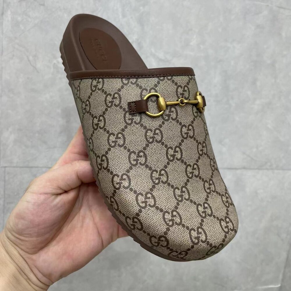 Gucci Beige and Brown Monogram Mules